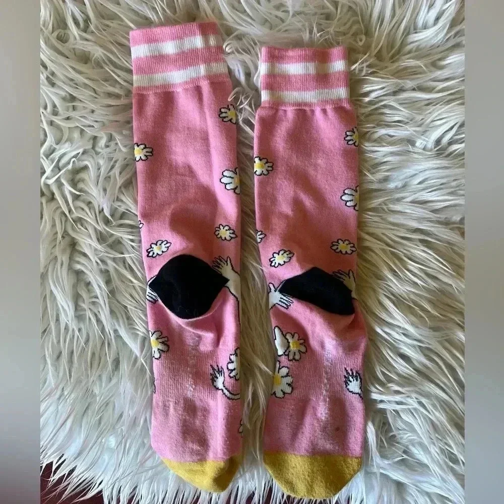 Moomin Pink Daisy Socks, Striped Design, Size L/XL, Cute & Comfy